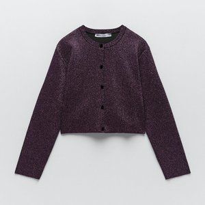 🌸SOLD🌸NWT Zara Purple Sparkly Shimmer Metallic Button Cropped Cardigan Sweater